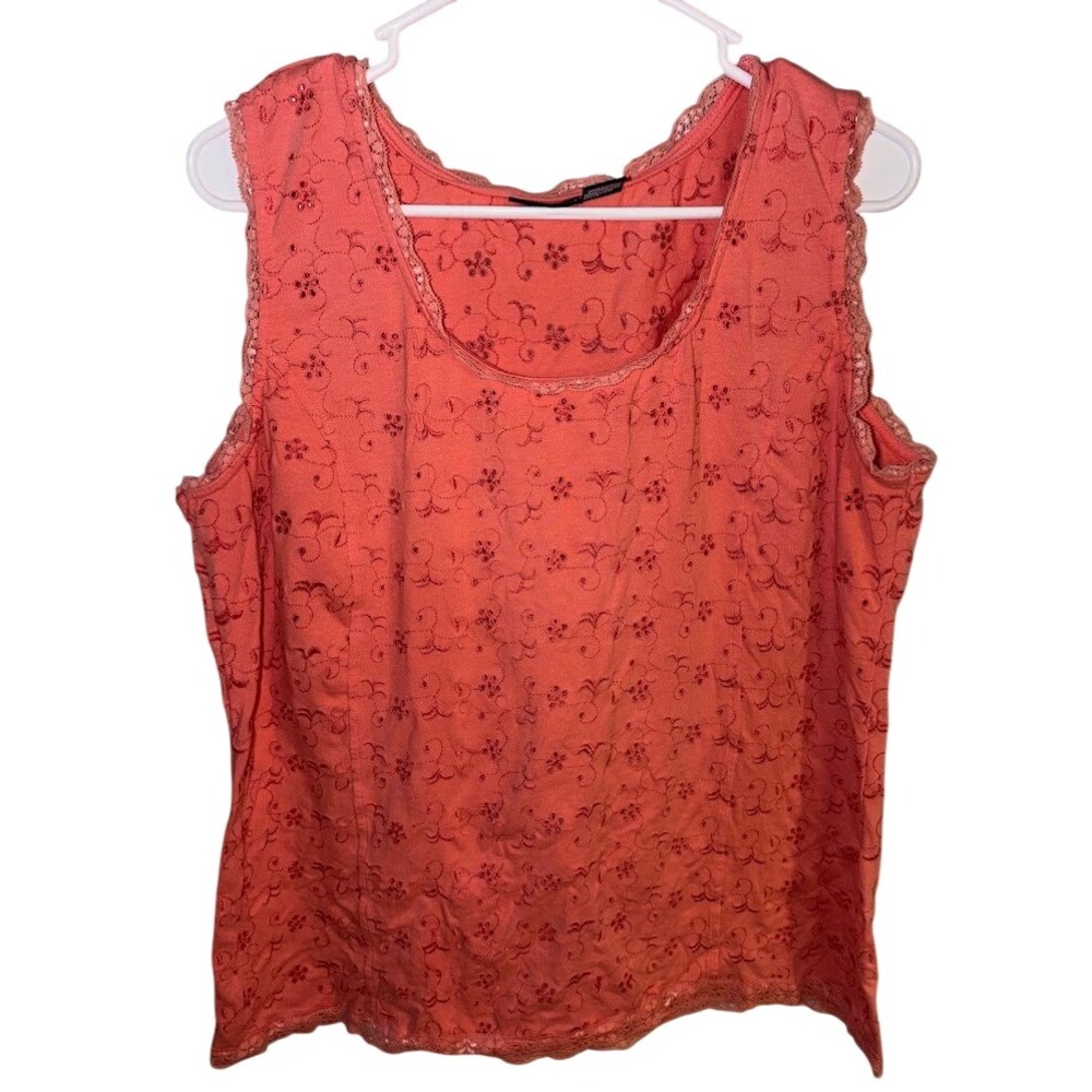 Bay Studio Plus Womens 1X Coral Pink Floral Embroidered Lace Trim Tank Top